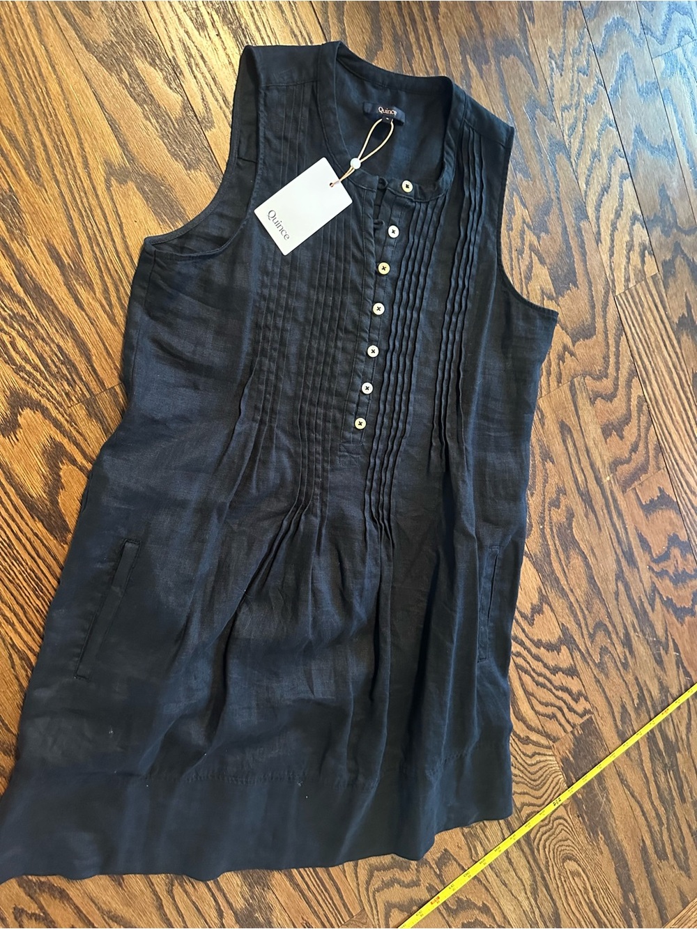 Quince Black Sleeveless Pintuck Button-Front Mini Dress - Picture 5 of 13